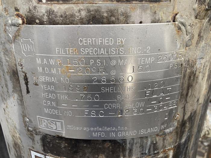 Used Used Filter Specialists Inc   Model FSC-1230-304 SS (12) 36" cartridge filter