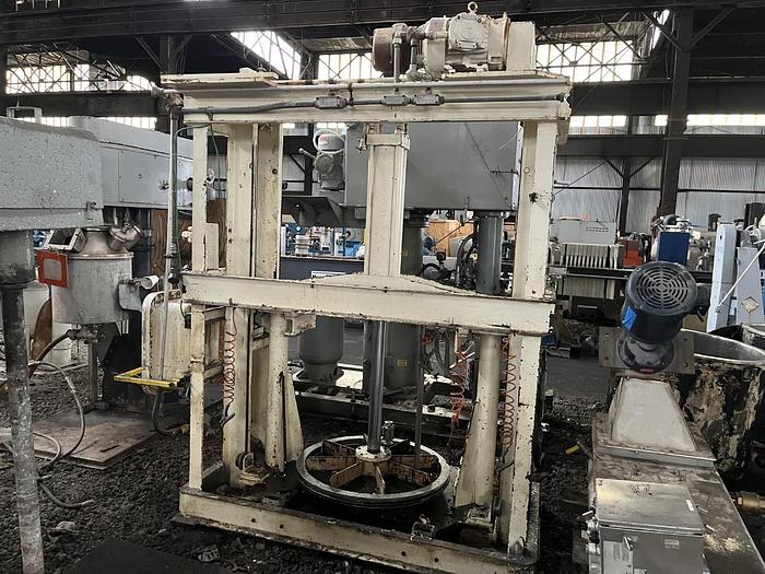 Used 100 GALLON ROSS TRIPLE MOTION MIXER - MODEL PVM-100 - S/S - VACUUM - 2 JACKETED MIX CANS - WITH DISCHARGE RAM