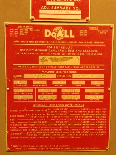 Used DOALL MODEL 3613-0 36" VERTICAL BAND SAW