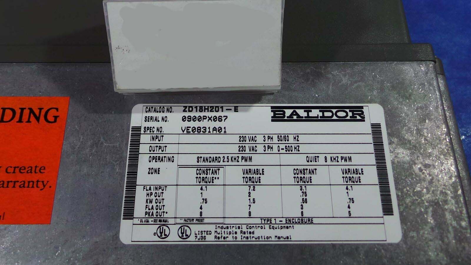 Used Baldor DZ18H201-E Controller, DZ18H201-E / Vector Drive / 230v / 3 HP / 50~60Hz /