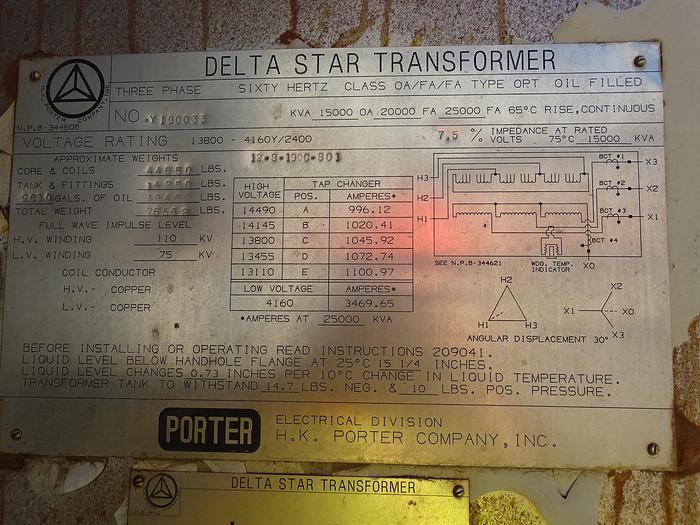 Used 15000 KVA DELTA STAR TRANSFORMER SUBSTATION 4160Y/2400