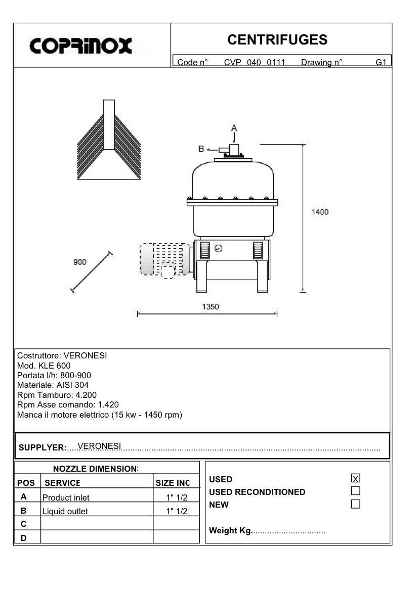 Usato Centrifuga a dischi Veronesi KLE600