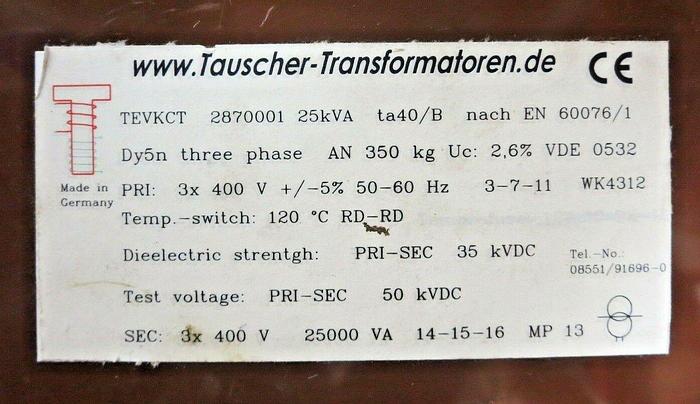 Used Tauscher TEVKCT, 2870001 High Potential HV Isolating Transformer 25 kVA/ 35 kVDC