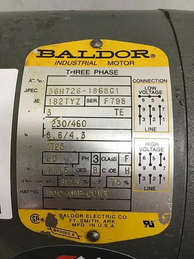 Used BALDOR 3 HP Motor 36H726-1868G1 #144647
