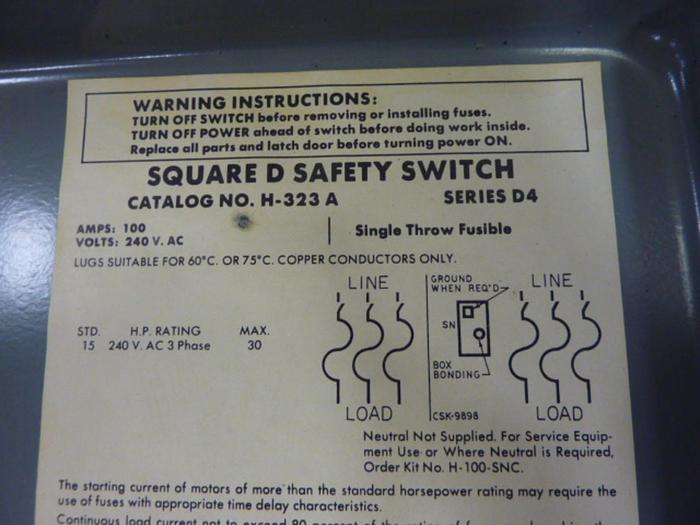 Used SQUARE D 100 Amp Safety Switch H-323 A #58822