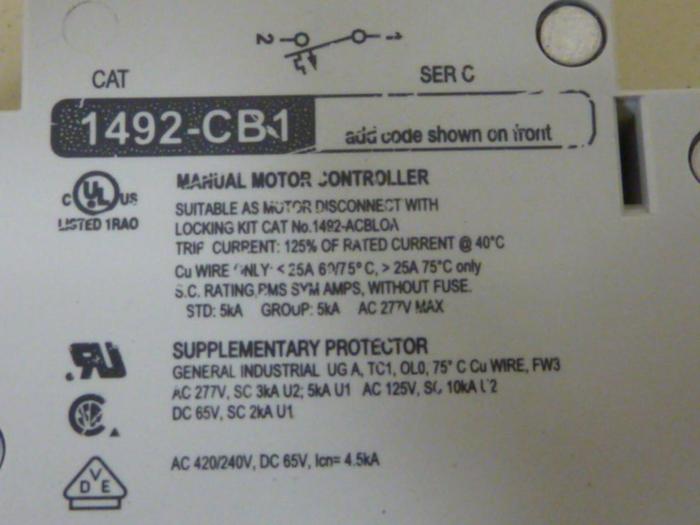 Used ALLEN BRADLEY 3 Amp Circuit Breaker 1492-CB1/G030 SER C #52184