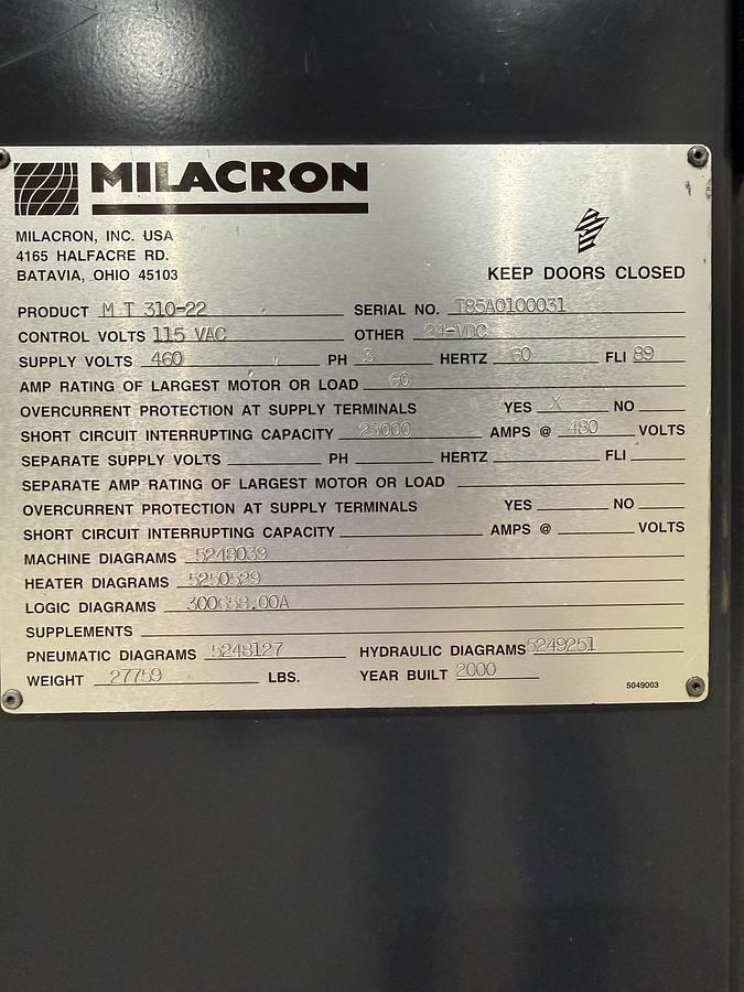 Used 2000 FERROMATIK MILACRON 310 Ton Injection Molding Machine MT310-22 USED #151841