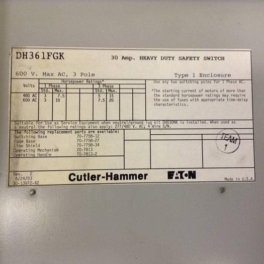 Used CUTLER HAMMER 30 Amp Safety Switch DH361FGK #84519
