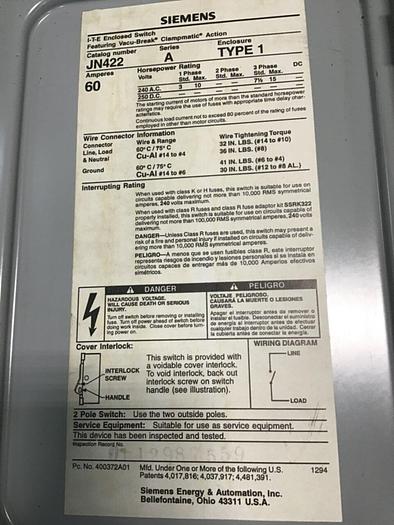 Used SIEMENS 60 Amp I-T-E Disconnect Switch JN422 #137861