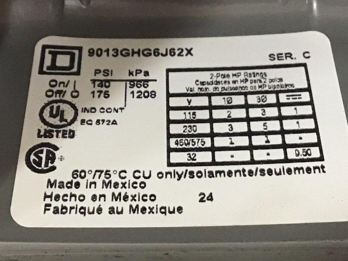 Used SQUARE D Pressure Switch 9013GHG6J62X #131063