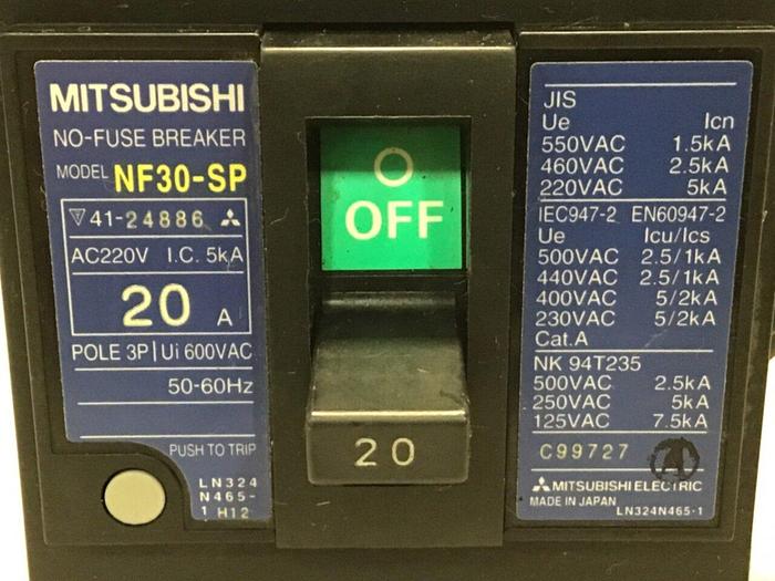 Used MITSUBISHI 20 Amp Circuit Breaker NF30-SP-20 #119801