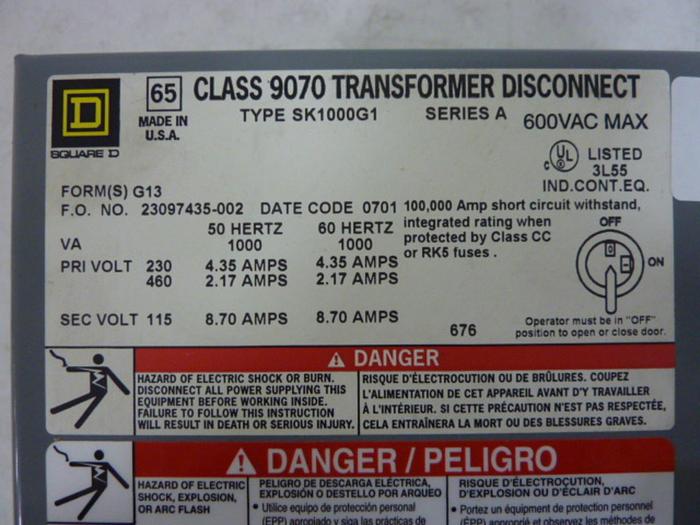 Used SQUARE D Transformer Disconnect 9070-SK1000G1 #52172