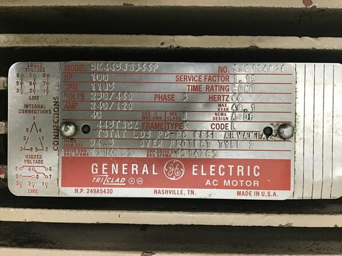 Used GENERAL ELECTRIC 100 HP AC Motor 5K445JS366P Used