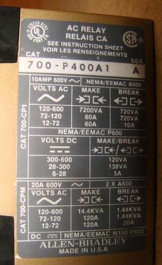 Used ALLEN BRADLEY AC Relay 700-P400A1 SER A #25884