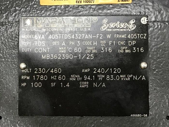 Used MARATHON 100 HP Motor 6VA 405TTDS4327AN-F2 Used