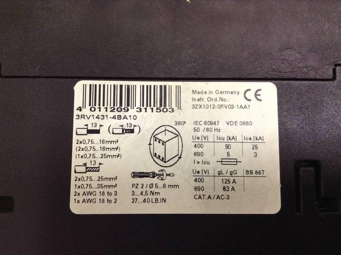 Used SIEMENS Manual Motor Controller 3RV1 431-4BA10 #70474