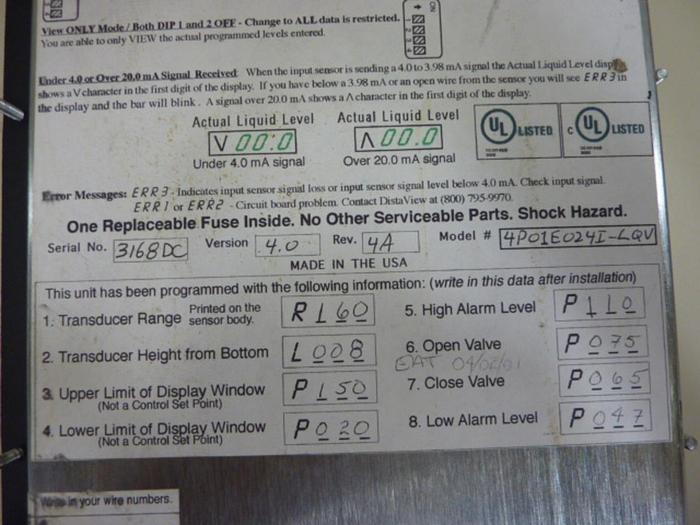 Used DISTAVIEW Liquid Level Control Panel 4P01E024I-LQV #56327