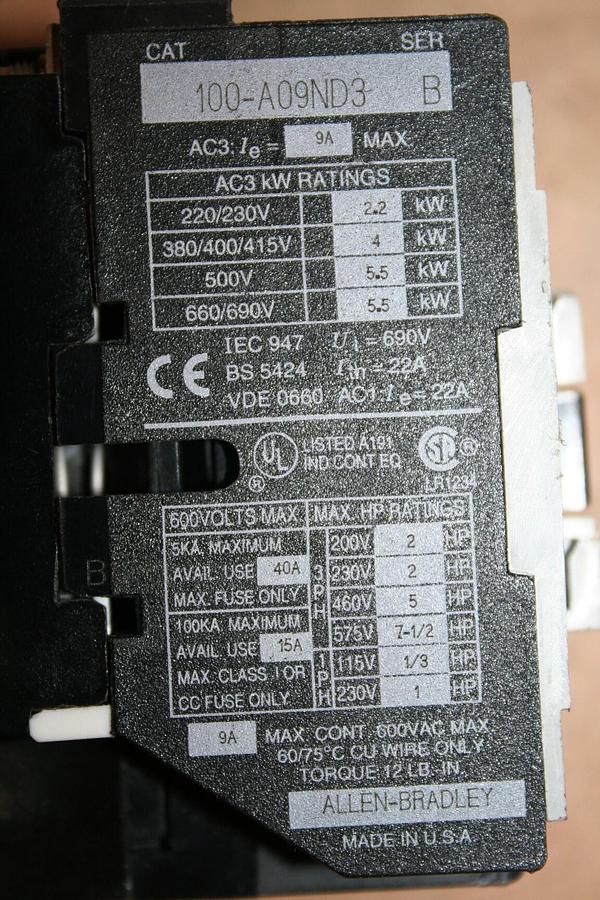 Used ALLEN BRADLEY Contactor 100-A09ND3 SER B Used