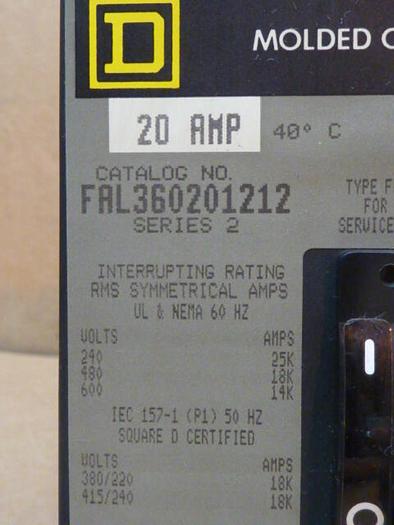 Used SQUARE D 20 Amp Circuit Breaker FAL360201212 USED
