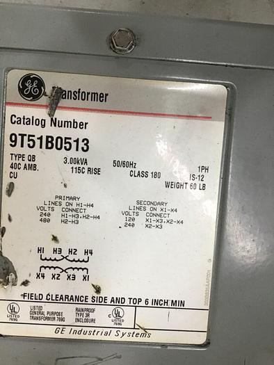 Used GENERAL ELECTRIC / GE 3.00 kVA Transformer 9T51B0513 #138924