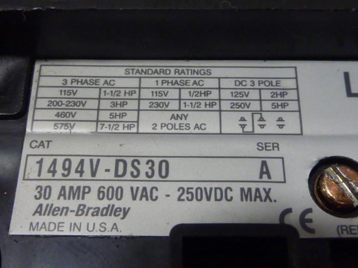 Used ALLEN BRADLEY 30 Amp Disconnect Switch 1494V-DS30 SER A #57409
