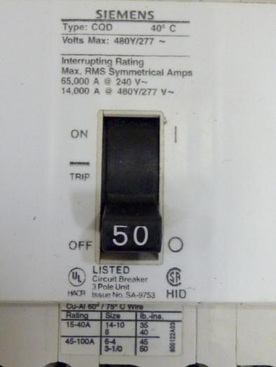 Used SIEMENS 50 Amp Circuit Breaker CQD350 #64556