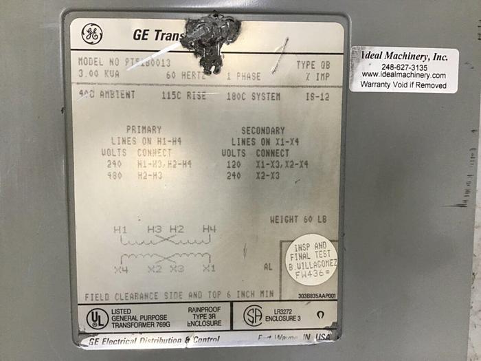 Used GENERAL ELECTRIC 3.00 kVA Transformer 9T51B0013 #142642
