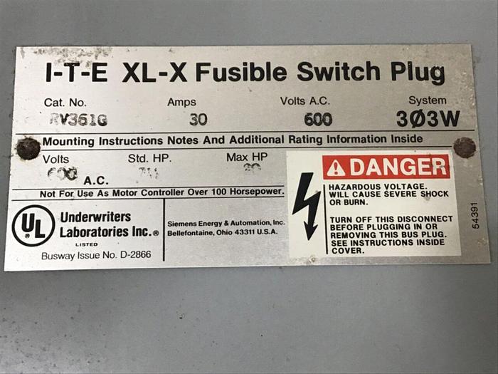 Used ITE SIEMENS 30 Amp Bus Disconnect Switch RV361G #137249