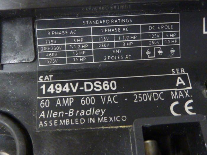 Used ALLEN BRADLEY 60 Amp Disconnect Switch 1494V-DS60 SER A #57442