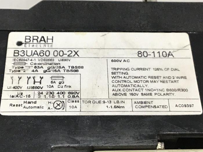 Used BRAH Overload Relay B3UA60 00-2X #122518