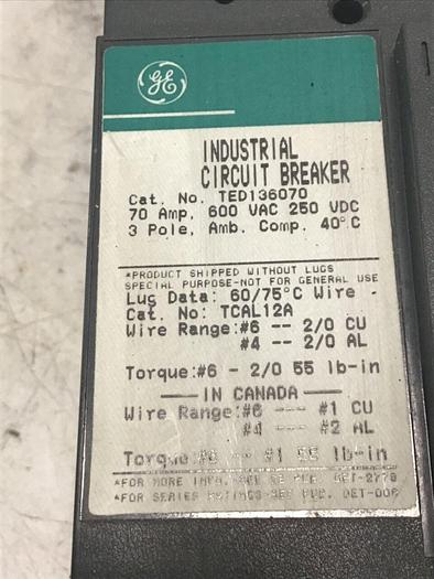 Used GE 70 Amp Circuit Breaker TED136070 / DISCONNECT #143505