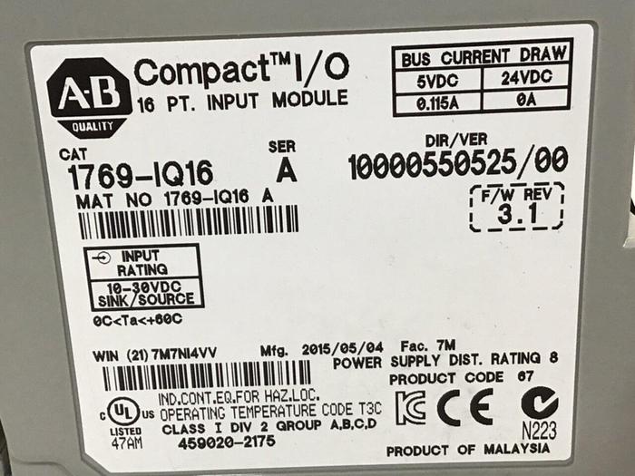 Used ALLEN BRADLEY Input Module 1769-IQ16 SER A Used