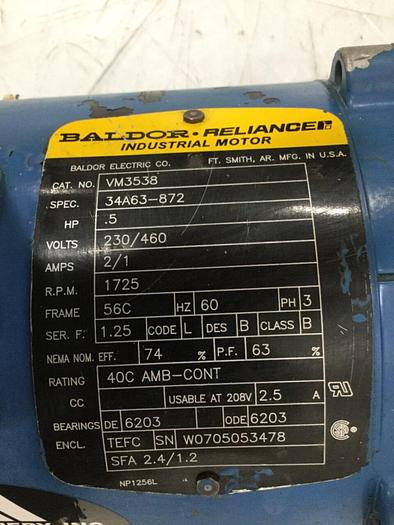 Used BALDOR .5 HP Enclosed AC Motor VM3538 Used