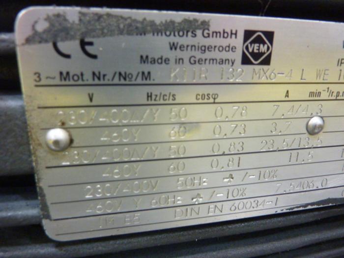 Used VEM 2.4/8 HP Motor K11R 132 MX6-4 L WE #65951