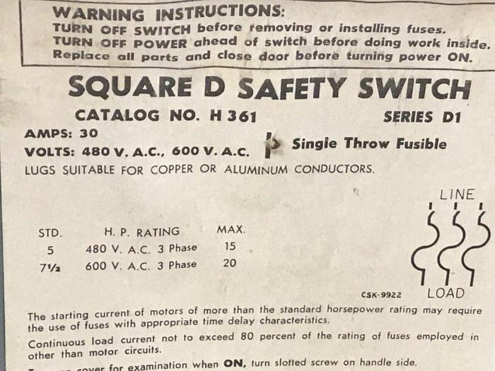 Used SQUARE D 30 Amp Safety Disconnect Switch H361 D1 Used