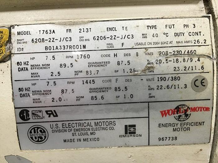 Used US ELECTRIC 7.5 HP Motor T763A Used