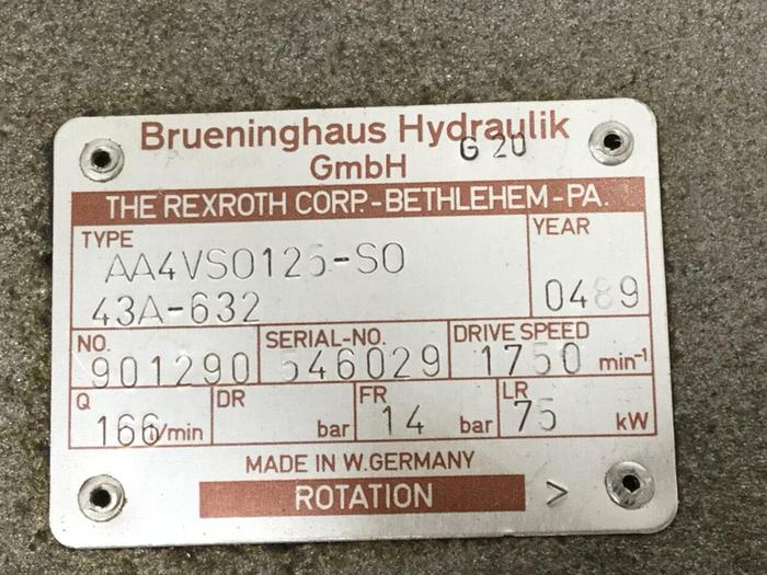 Used BRUENINGHAUS HYDRAULIK Hydraulic Pump AA4VS0125S043A632 Used
