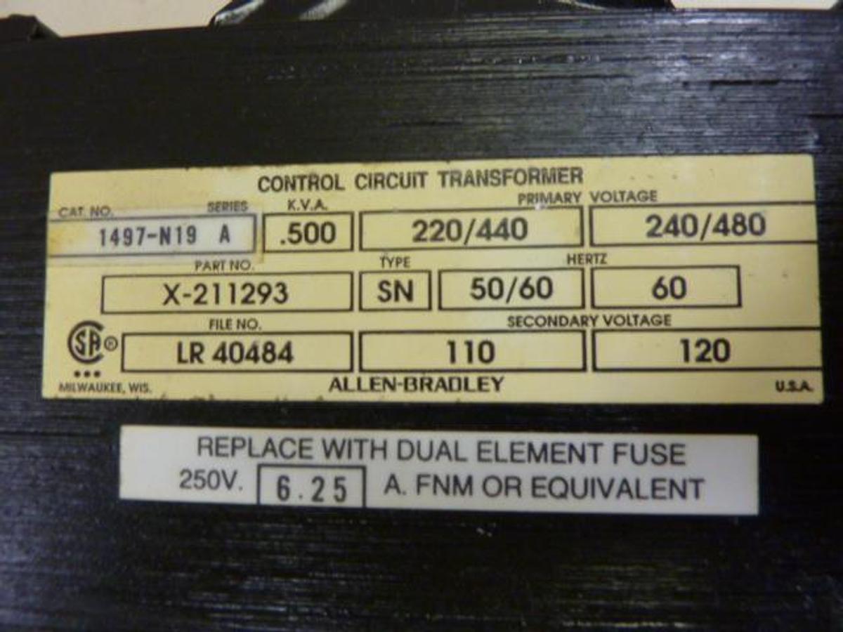 Used ALLEN BRADLEY .500 kVA Transformer 1497-N19 SER A Used
