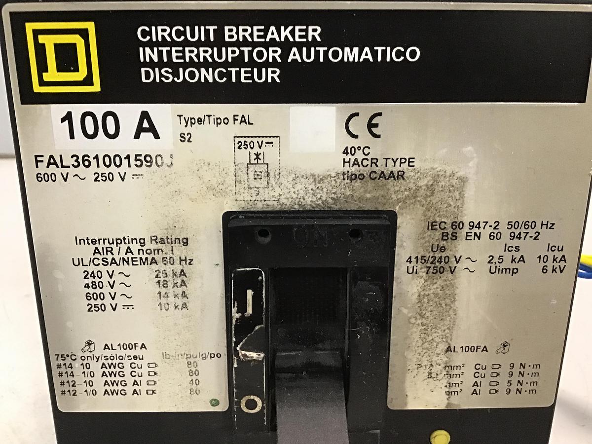 Used SQUARE D FAL361001590J 100 Amp Circuit Breaker Used #141299