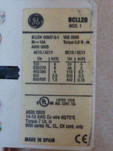 Used GENERAL ELECTRIC / GE Auxiliary Contact BCLL20 #31619