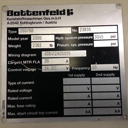 Used BATTENFELD Knock Out Cylinder 250/50 CYLINDER #85118