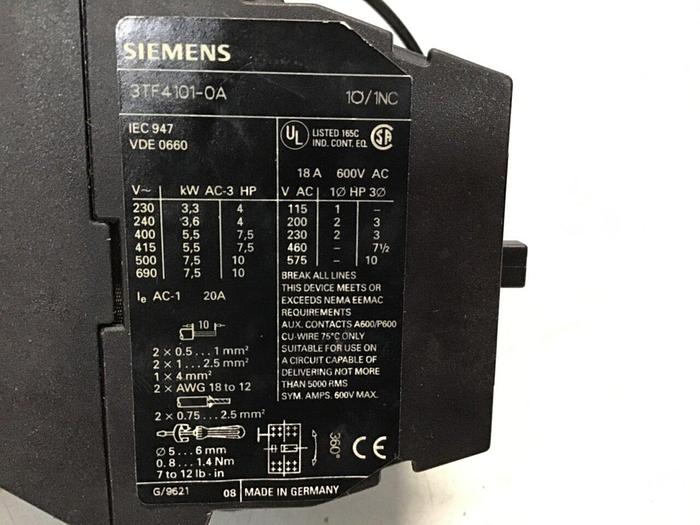 Used SIEMENS Contactor 3TF4101-0A #118024