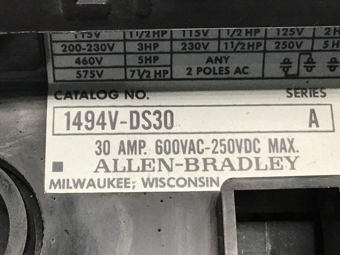 Used ALLEN BRADLEY 30 Amp Disconnect Switch 1494V-DS30 SER A #126256
