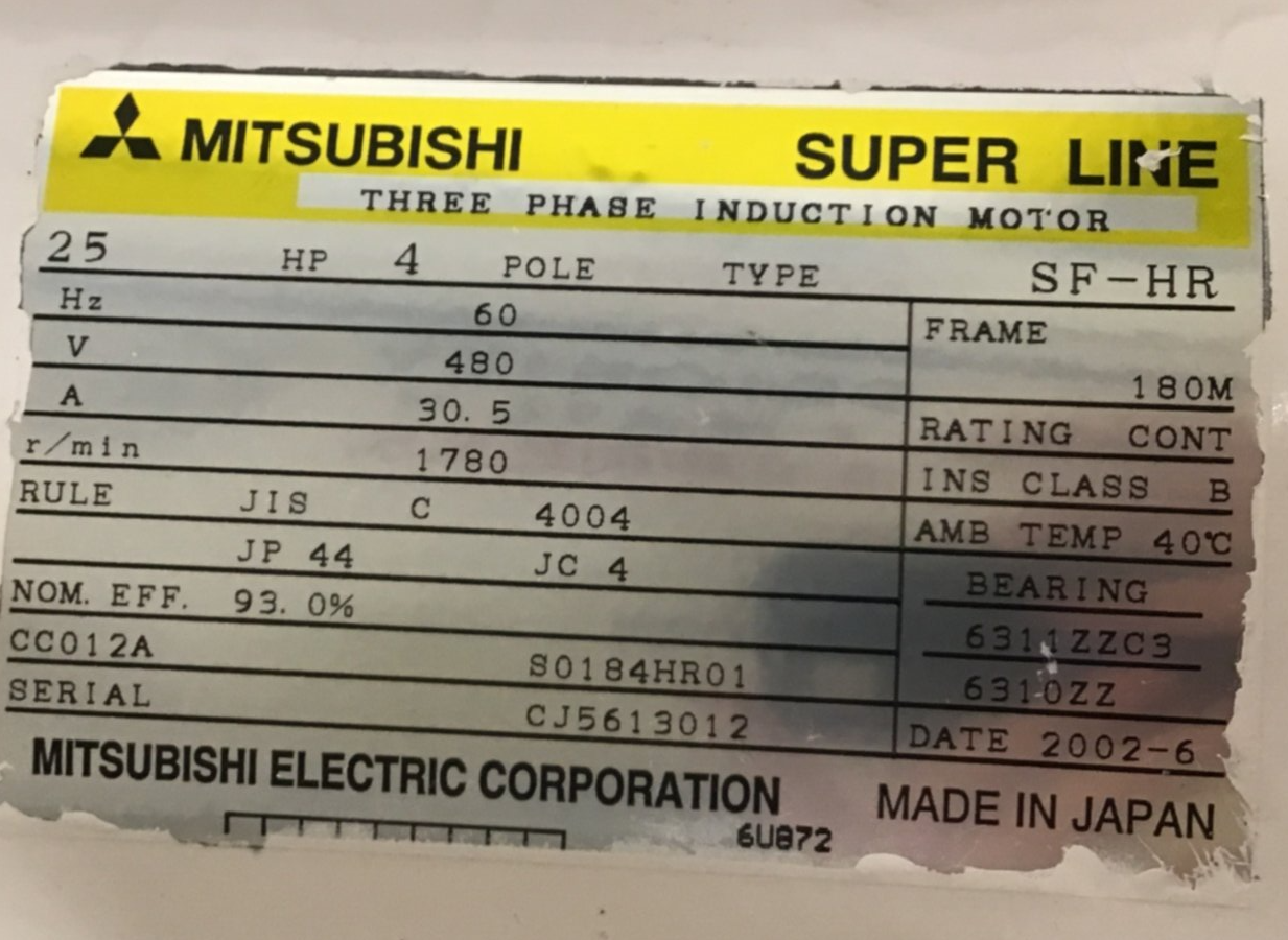 Used MITSUBISHI 25 HP Motor SF-HR USED