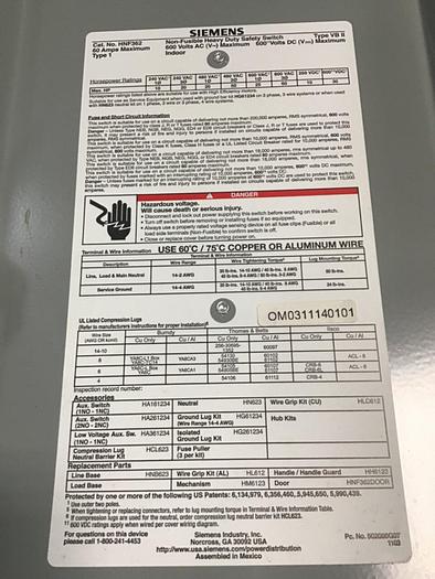 Used SIEMENS Heavy Duty Safety Disconnect Switch HNF362 #137863
