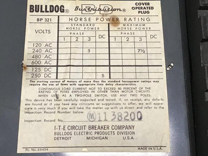 Used ITE 30 Amp Bus Plug Bulldog BP321 #120377