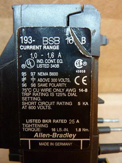 Used ALLEN BRADLEY Overload Relay 193-BSB 16 SER B #64454