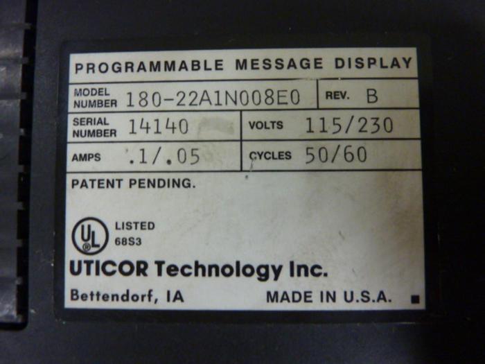 Used UTICOR Programmable Display 180-22A1N008E0 #56913