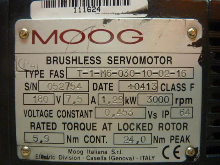 Used MOOG 1.73 HP Servo Motor T-1-M6-030-10-02-16 Used