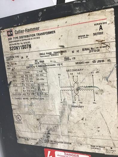 Used CUTLER HAMMER 7.5 kVA Transformer S20N11S07N #135144